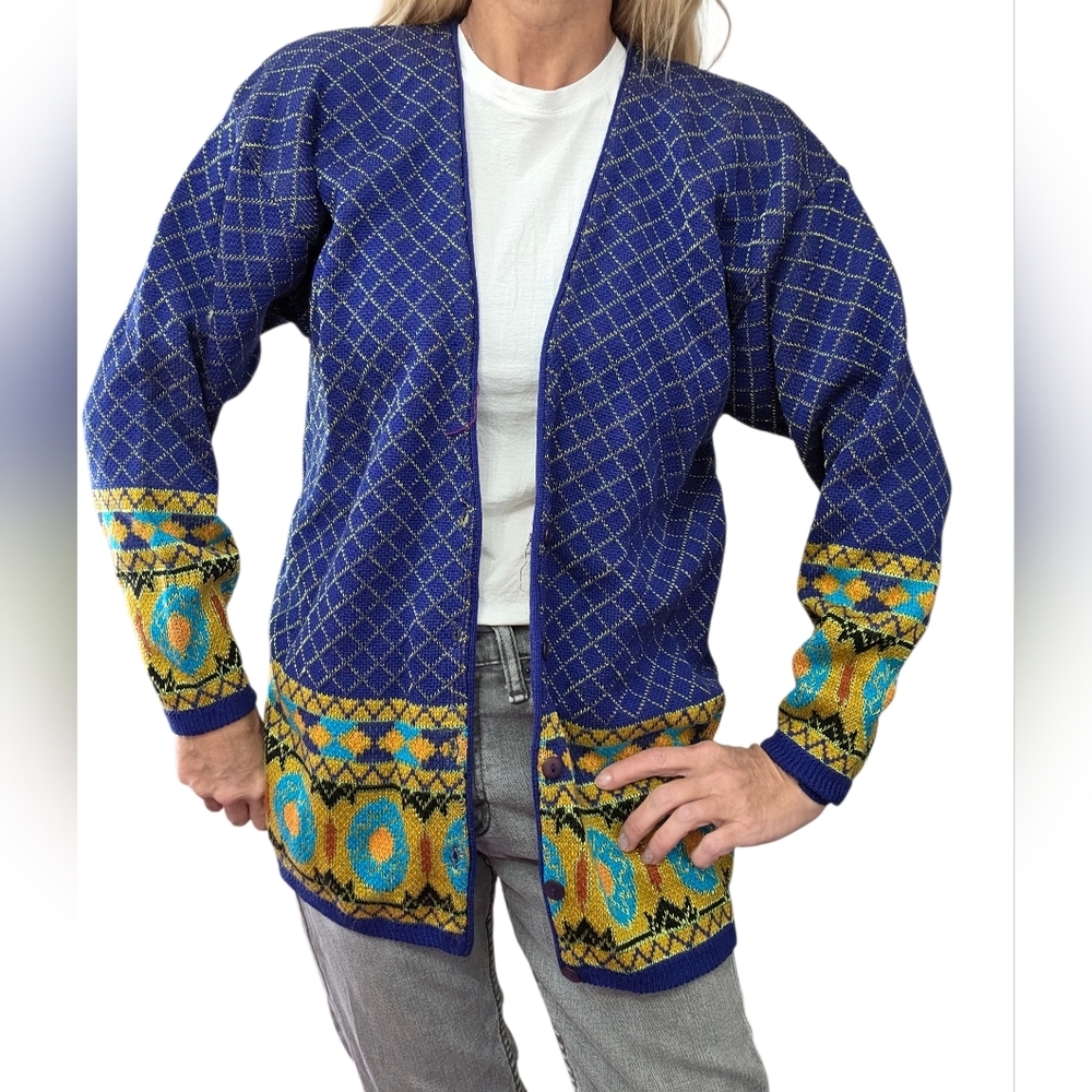 Vintage 80s 90s Union Bay Southwestern Knit Cardigan Sweater Jacket Size M